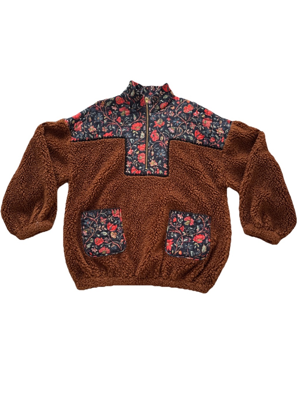 RHODE Floral Brown Sherpa Quarter Zip Pullover Sweater Size Large